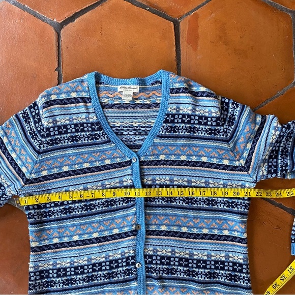 VINTAGE Eddie Bauer Women Cotton Sweater Fair Isle Cardigan V Neck 90s Sz Large - Picture 7 of 7